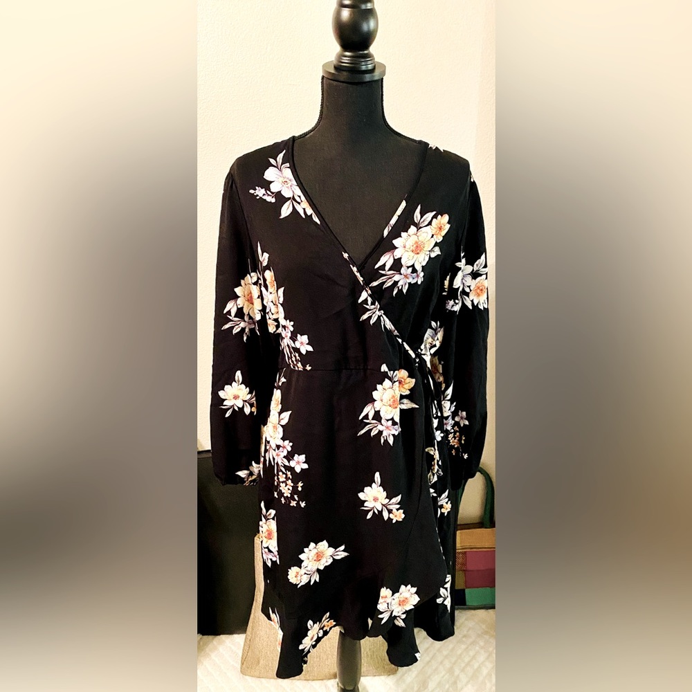 Xhilaration - Black Floral Wrap Dress, Knee length
